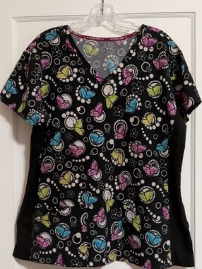 Women’s Black Butterfly Print V-Neck Top Divine Stretch XL Scrub Top Uniform